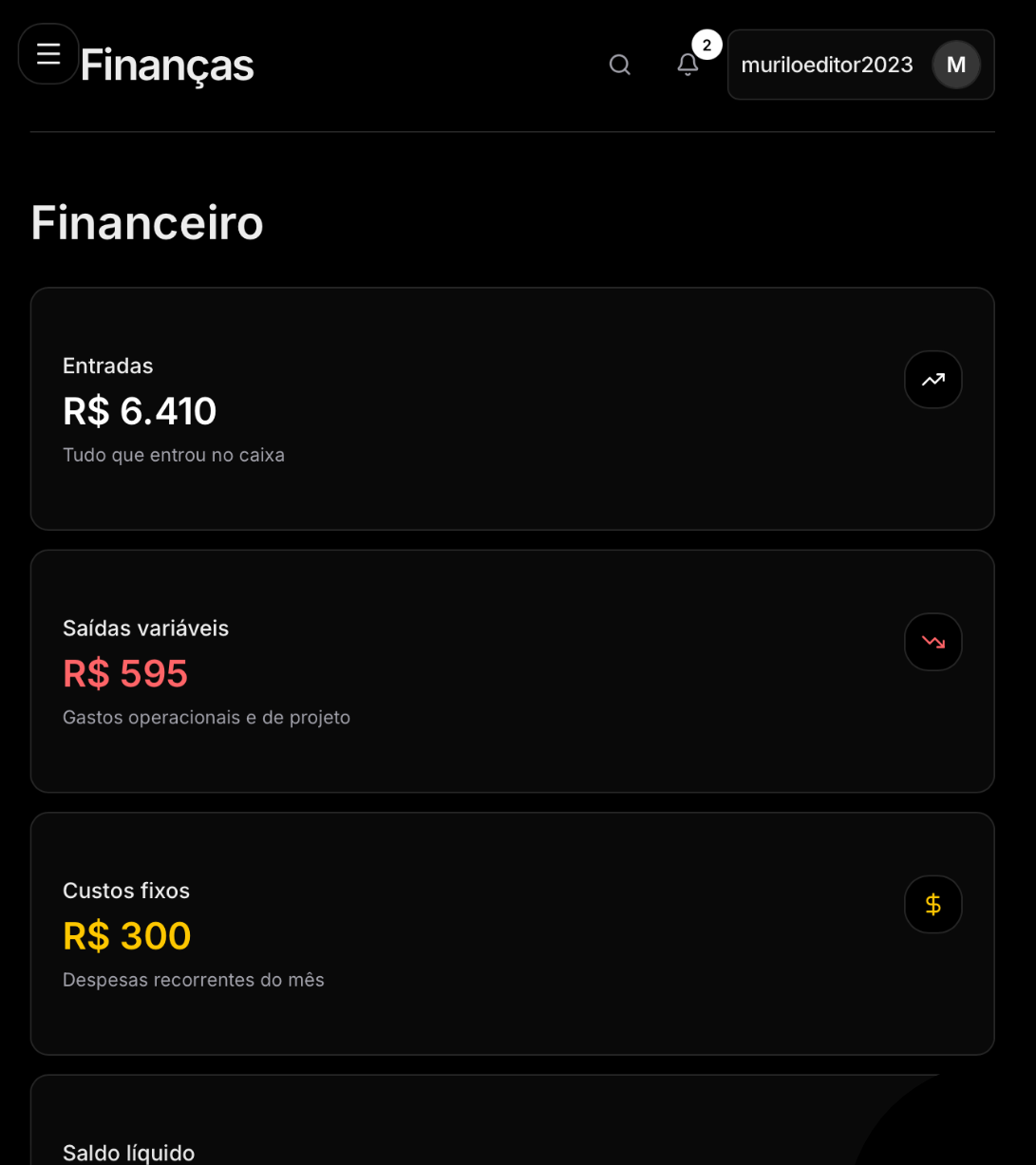 Tela de financeiro da Mallow